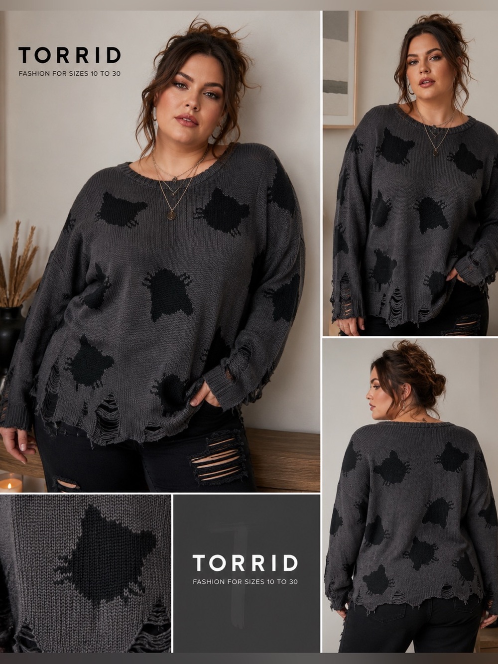 Torrid Gray Black Cat Print Distressed Knit Sweater Womens Size 1 Grunge Goth